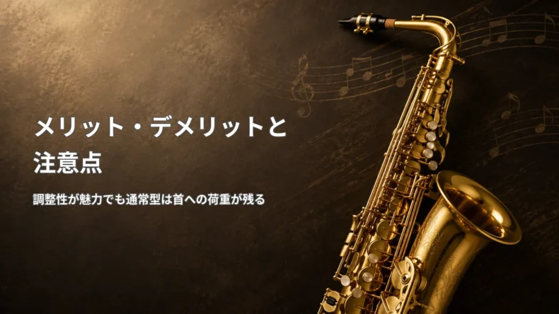 金色のサックス写真と「メリット・デメリットと注意点」「調整性が魅力でも通常型は首への荷重が残る」の文字