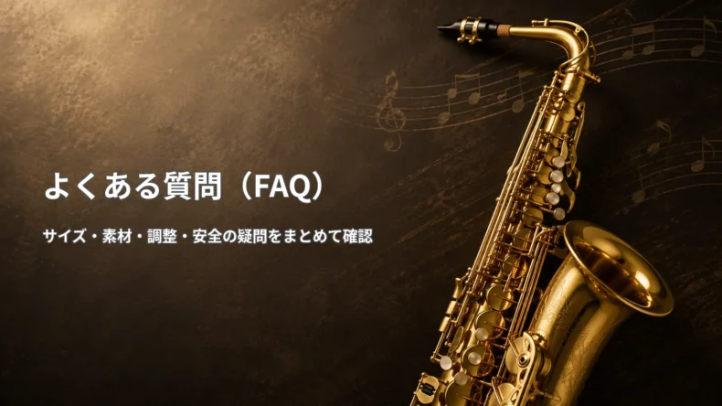 金色のサックス写真と「よくある質問(FAQ)」「サイズ・素材・調整・安全の疑問をまとめて確認」の文字