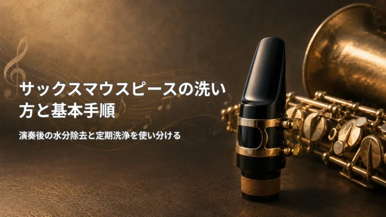 サックスとマウスピースを背景に、演奏後の水分除去と定期洗浄を分ける基本手順を示した画像