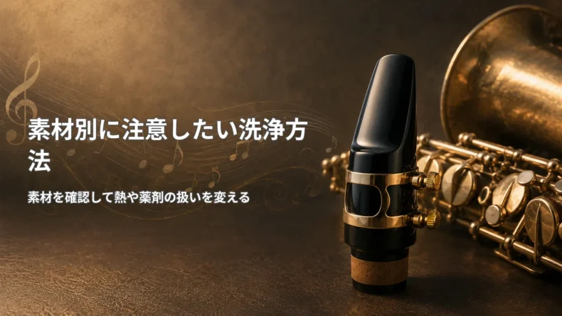 サックスとマウスピースを背景に、素材を確認して熱や薬剤の扱いを変える注意点を示した画像