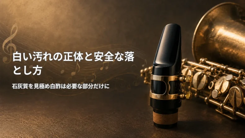 サックスとマウスピースを背景に、石灰質の白い汚れを必要な部分だけ落とす方法を示した画像