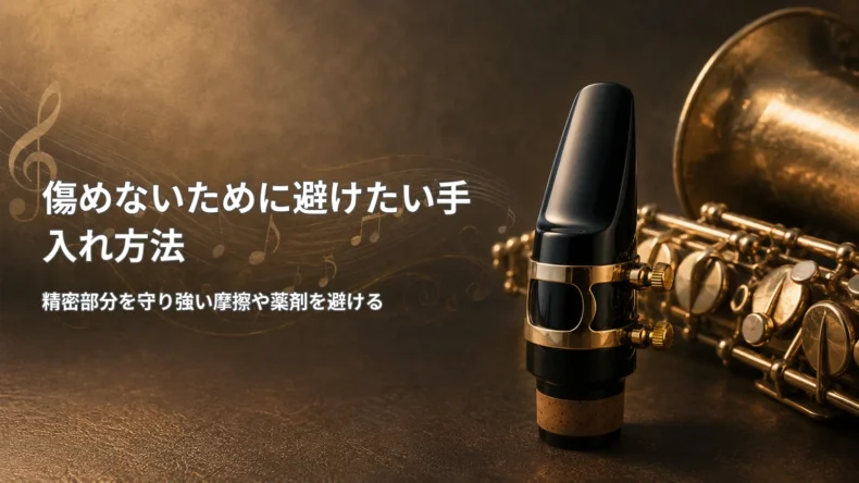 サックスとマウスピースを背景に、精密部分を守り強い摩擦や薬剤を避ける手入れ方法を示した画像