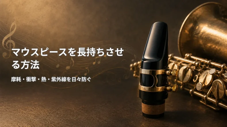 サックスとマウスピースを背景に、摩耗・衝撃・熱・紫外線を防いで長持ちさせる方法を示した画像