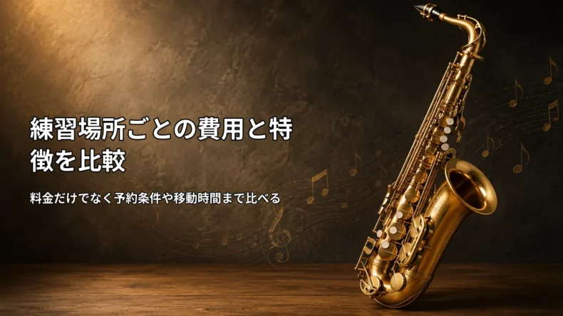 暗い背景に金色のサックスを配置し、練習場所ごとの費用や予約条件、移動時間を比較する画像