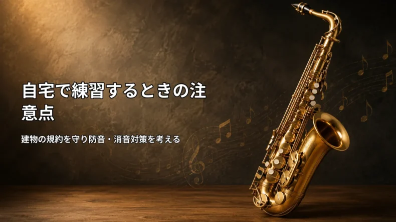 暗い背景に金色のサックスを配置し、自宅練習では建物の規約確認と防音・消音対策が必要と示す画像