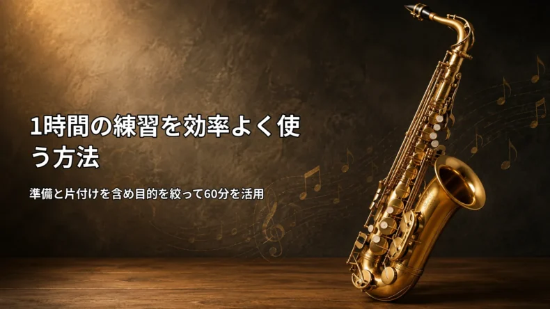 暗い背景に金色のサックスを配置し、準備と片付けを含め目的を絞って60分を活用する方法を示す画像