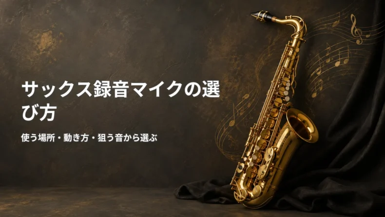 サックス録音マイクの選び方について、使う場所・動き方・狙う音の3点から選ぶ考え方を示した画像