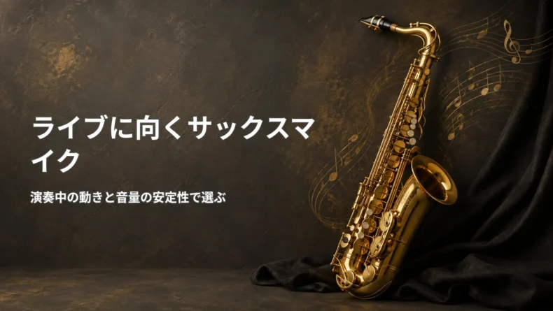ライブに向くサックスマイクについて、演奏中の動きと音量の安定性を基準に選ぶポイントを示した画像