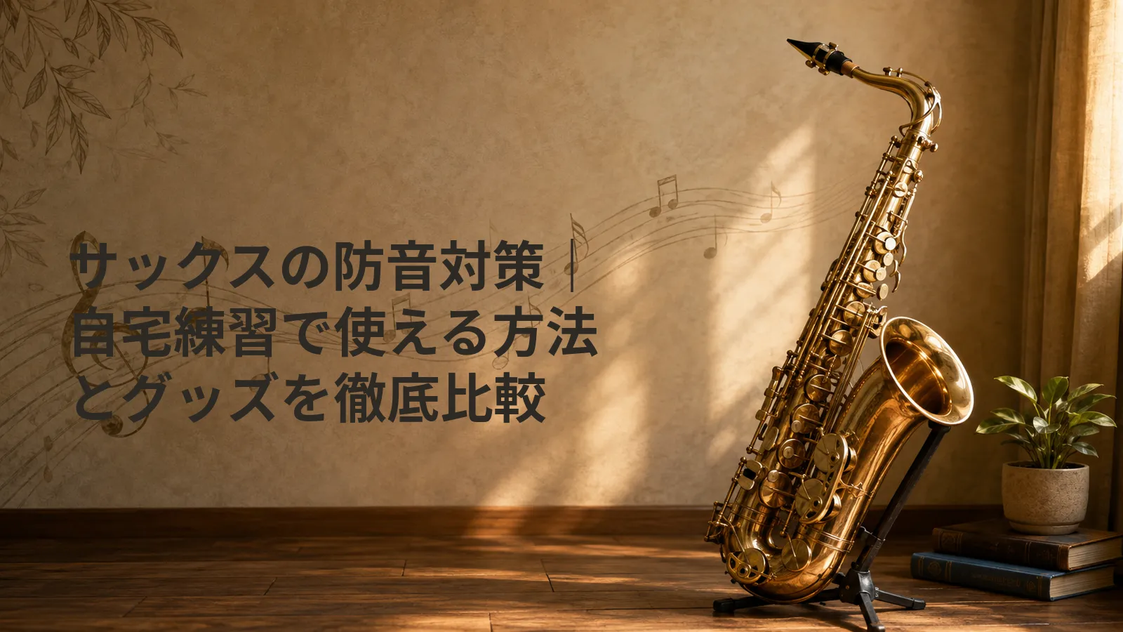 自宅の室内に置かれたサックスと「サックスの防音対策 自宅練習で使える方法とグッズを徹底比較」の文字