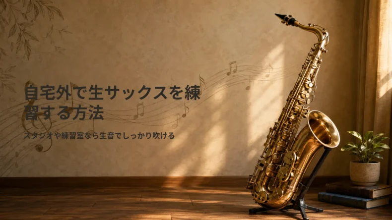 音楽スタジオや練習室など自宅外で生サックスを演奏する練習方法を示した画像