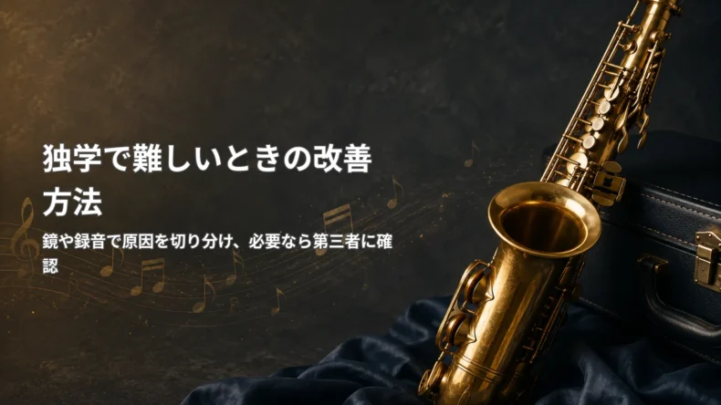 サックスを背景に、「独学で難しいときの改善方法」と鏡や録音で原因を切り分け必要なら第三者に確認する方法を示した画像