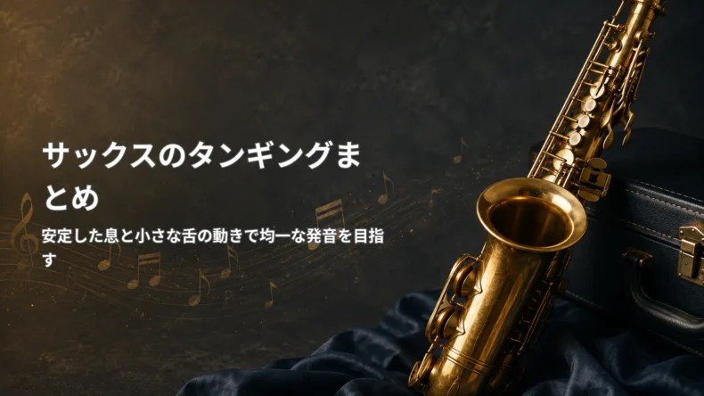 サックスを背景に、「サックスのタンギングまとめ」と安定した息と小さな舌の動きで均一な発音を目指すポイントを示した画像
