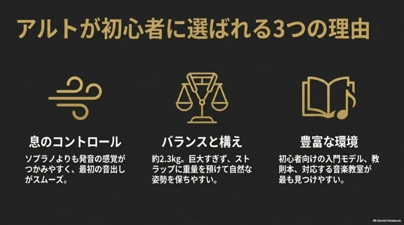 アルトが初心者に選ばれる理由として、息のコントロール、構えやすさ、教材や教室の豊富さを示す