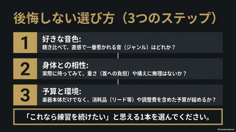 後悔しない選び方として、好きな音色、身体との相性、予算と環境を確認する3つのステップ