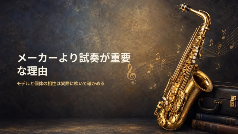 金色のサックス写真と「メーカーより試奏が重要な理由」の文字で、モデルと個体の相性は実際に吹いて確かめることを示す画像