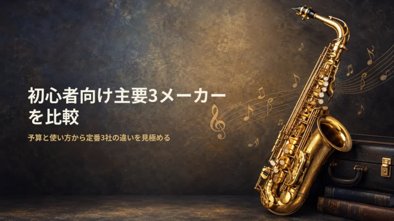 金色のサックス写真と「初心者向け主要3メーカーを比較」の文字で、予算と使い方から定番3社を選ぶ視点を示す画像