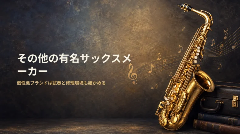 金色のサックス写真と「その他の有名サックスメーカー」の文字で、個性派ブランドは試奏と修理環境も確認することを示す画像