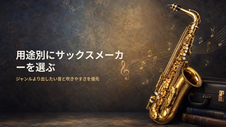 金色のサックス写真と「用途別にサックスメーカーを選ぶ」の文字で、ジャンルより出したい音と吹きやすさを優先する考え方を示す画像