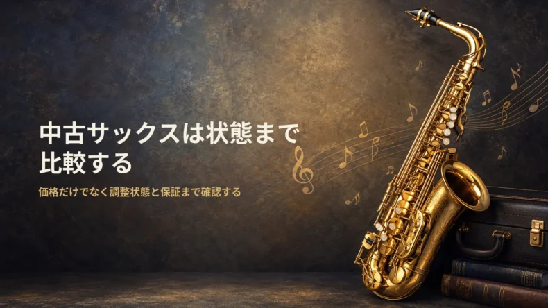 金色のサックス写真と「中古サックスは状態まで比較する」の文字で、価格だけでなく調整状態と保証まで確認することを示す画像