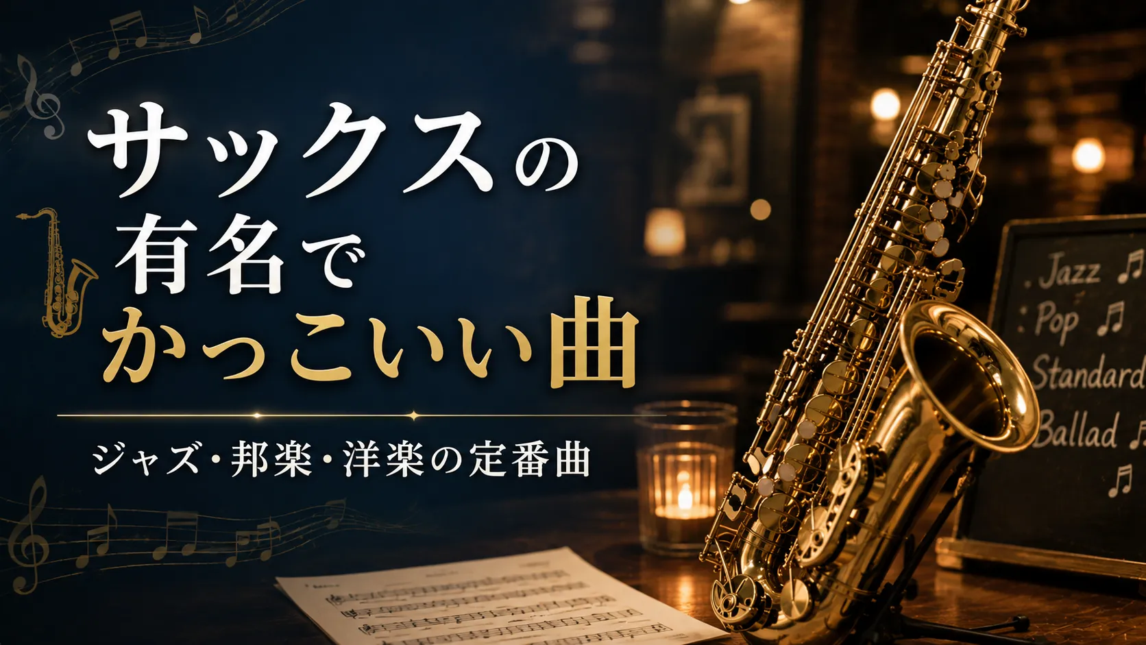 サックスと楽譜を配置したジャズクラブ風の背景に、「サックスの有名でかっこいい曲｜ジャズ・邦楽・洋楽の定番曲」と示したアイキャッチ画像