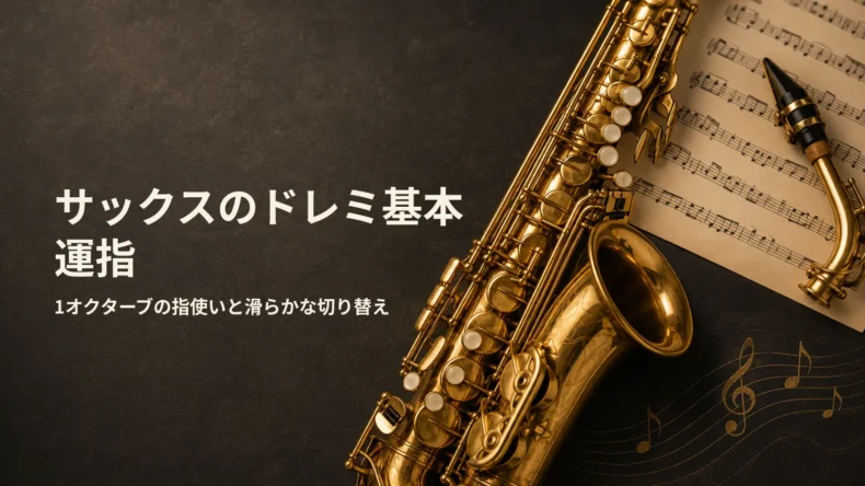 サックスと楽譜を背景に「サックスのドレミ基本運指」「1オクターブの指使いと滑らかな切り替え」と表示された画像