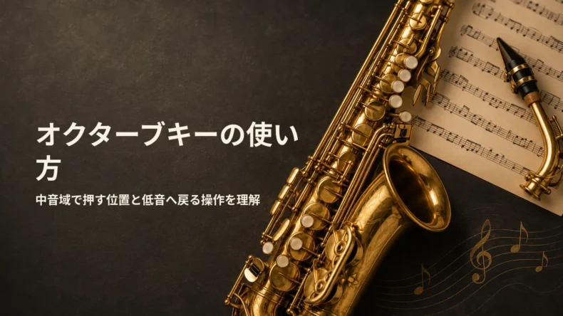 サックスと楽譜を背景に「オクターブキーの使い方」「中音域で押す位置と低音へ戻る操作を理解」と表示された画像