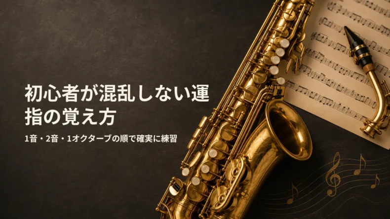 サックスと楽譜を背景に「初心者が混乱しない運指の覚え方」「1音・2音・1オクターブの順で確実に練習」と表示された画像