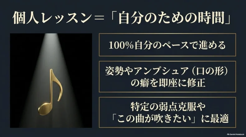 個人レッスンは自分のペースで進み、姿勢やアンブシュアの癖、特定の弱点を修正しやすいこと