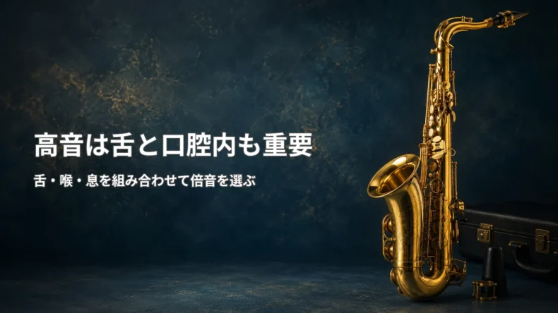 サックスの高音で舌や口腔内の状態を調整し、ボイシングによって狙った倍音を安定させる考え方を示す画像