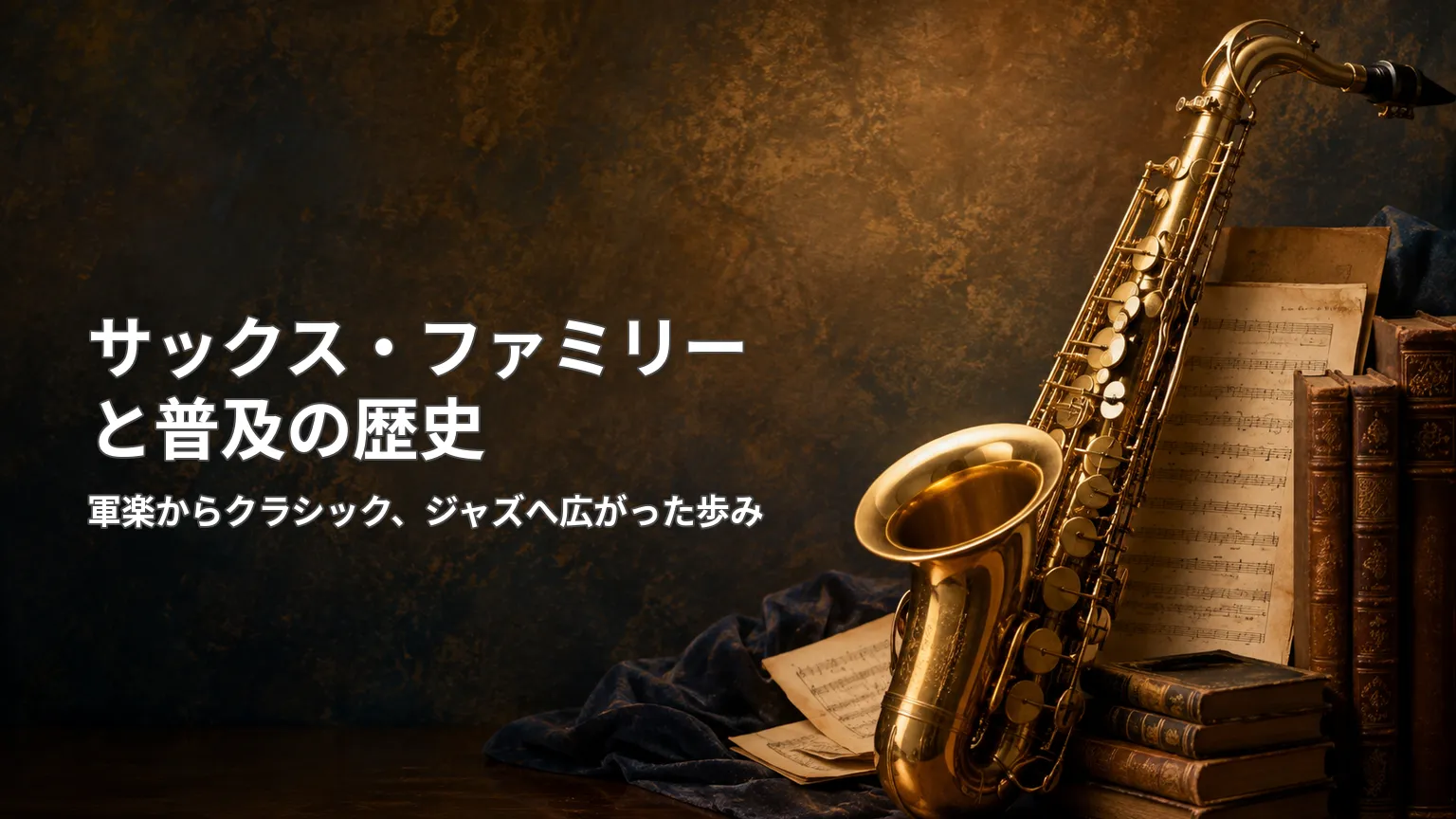 ソプラノから低音域まで広がるサックス・ファミリーと、軍楽からジャズへ普及した歴史のイメージ