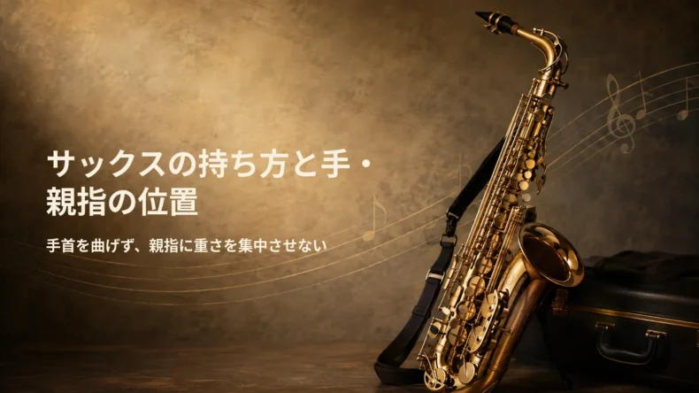 サックスの持ち方と手・親指の位置について、手首を曲げず親指へ重さを集中させないことを示す画像