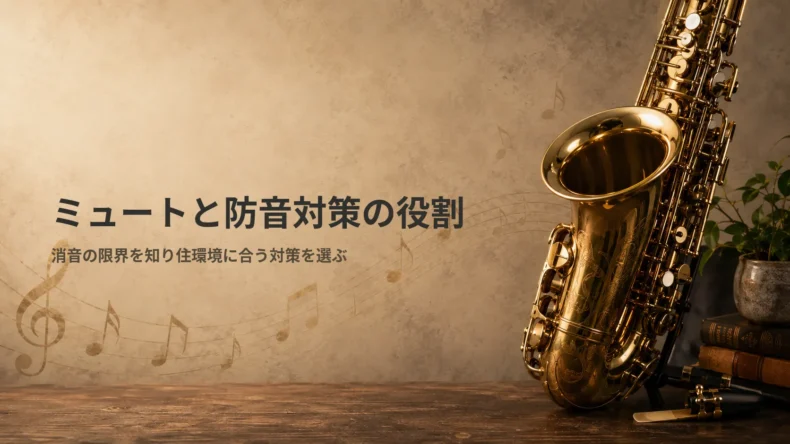 「ミュートと防音対策の役割」の文字と、消音用品と防音環境をテーマにした金色のサックス