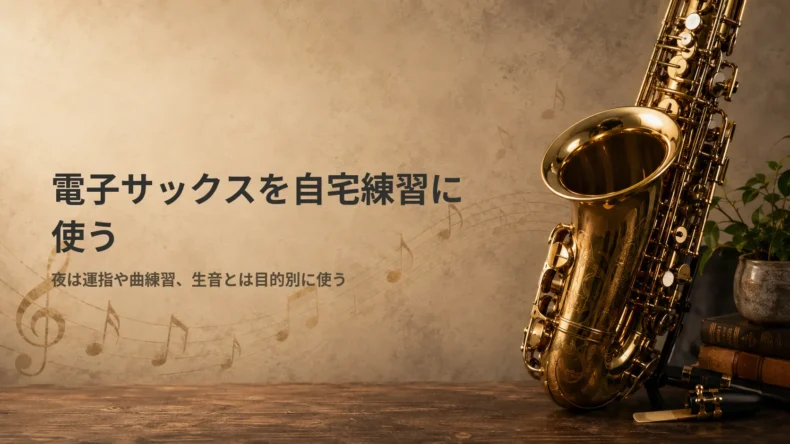 「電子サックスを自宅練習に使う」の文字と、夜間の運指や曲練習をテーマにした金色のサックス