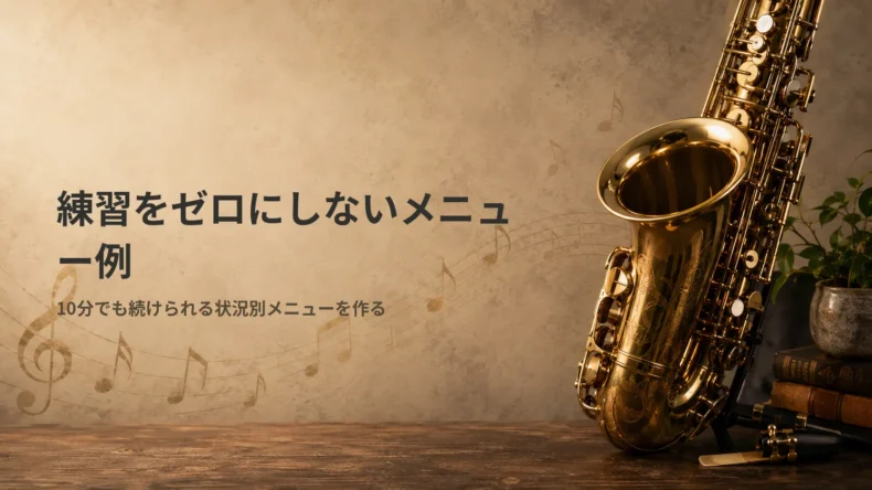 「練習をゼロにしないメニュー例」の文字と、短時間でも続けられる練習を示す金色のサックス