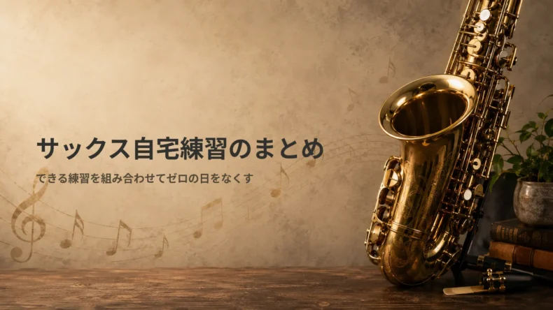 「サックス自宅練習のまとめ」の文字と、できる練習を組み合わせる大切さを示す金色のサックス