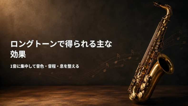金色のサックス写真とともに、ロングトーンで音色・音程・息を整える主な効果を1音への集中として示した画像