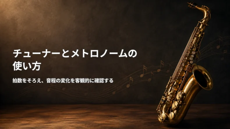 金色のサックス写真とともに、チューナーとメトロノームで拍数をそろえ、音程の変化を客観的に確認する方法を示した画像