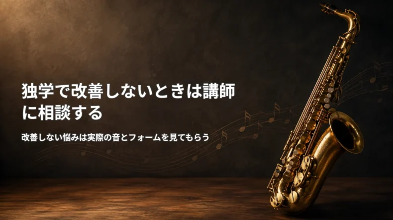 金色のサックス写真とともに、独学で改善しないロングトーンの悩みは講師に実際の音とフォームを見てもらう方法を示した画像