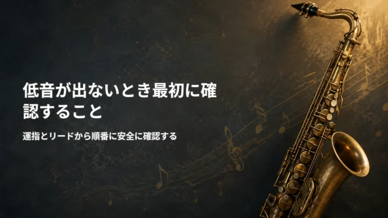 暗い背景にサックスを配置し、「低音が出ないとき最初に確認すること」と安全な確認順を示した画像