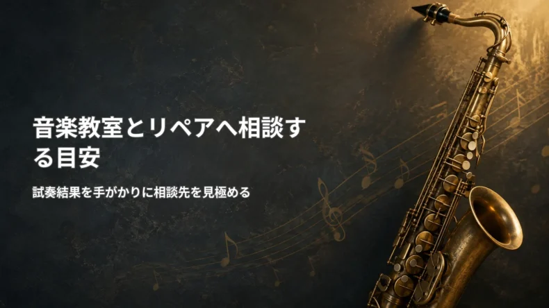 暗い背景にサックスを配置し、「音楽教室とリペアへ相談する目安」と相談先を見極める考え方を示した画像