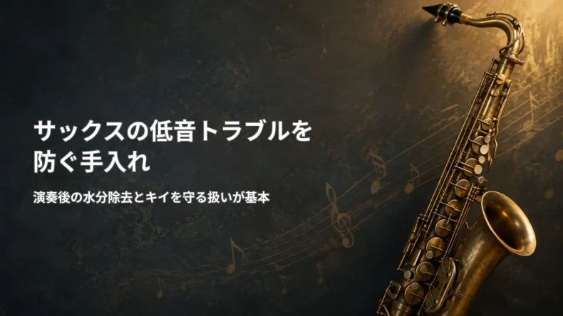 暗い背景にサックスを配置し、「サックスの低音トラブルを防ぐ手入れ」と演奏後の水分除去などを示した画像