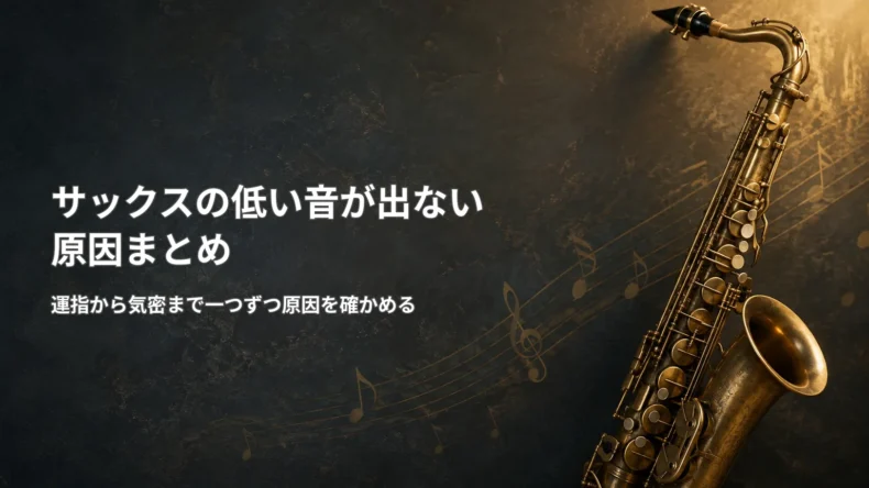 暗い背景にサックスを配置し、「サックスの低い音が出ない原因まとめ」と運指から点検までの確認を示した画像