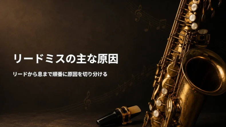 サックスのリードミスの主な原因を、リード周辺やアンブシュア、息、タンギングなどに分けて示した画像