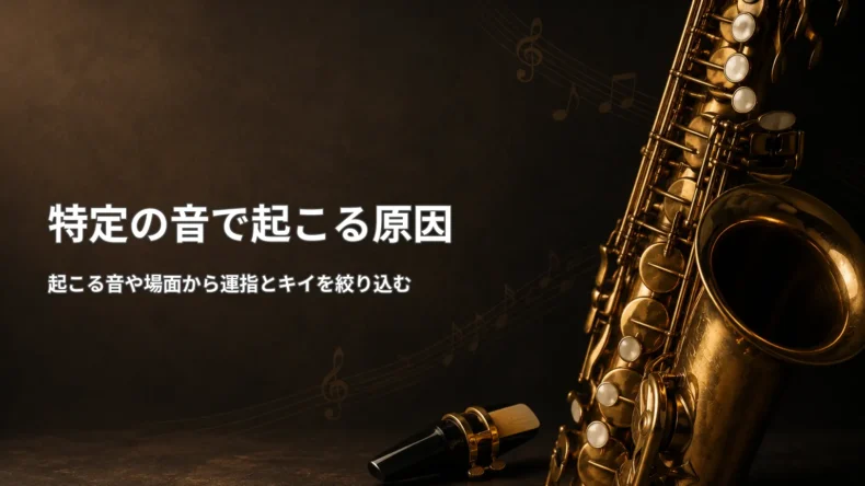 特定の音で起こるリードミスについて、運指やオクターブキイなど確認すべき原因を整理した解説画像