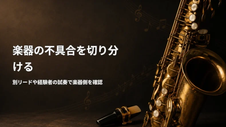 サックス本体の不具合によるリードミスを切り分けるため、タンポやキイなどの確認点を示した画像