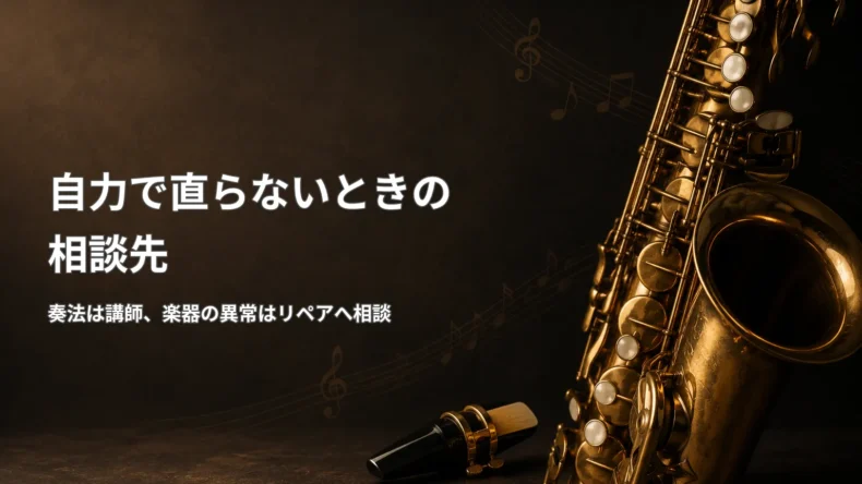 自力でリードミスが直らない場合に、サックス講師と楽器店・リペアへ相談する目安を示した画像