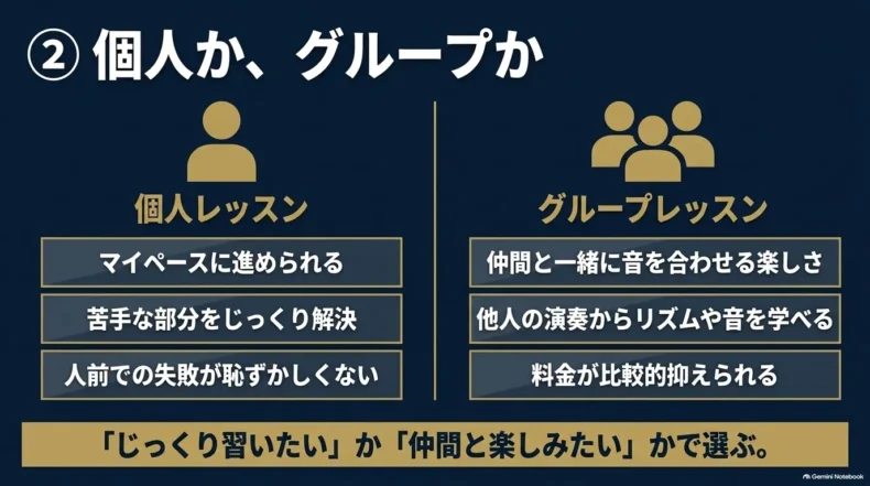 個人レッスンのマイペースな学び方と、グループレッスンの仲間と音を合わせる楽しさや料金面を比較
