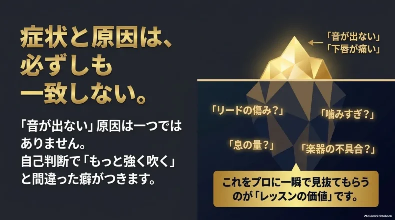 音が出ない・下唇が痛いなど同じ症状でも、リードや噛み過ぎ、息、楽器など原因が異なることを示す