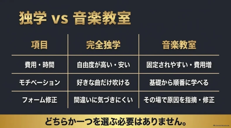 完全独学と音楽教室を、費用・時間、モチベーション、フォーム修正の違いで比較した表