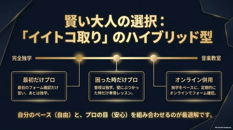 完全独学から音楽教室までの間で、最初だけ・困った時だけ・オンライン併用の選択肢を示す